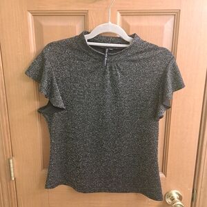 Ashley Blue Womens Black and Silver Short Sleeve Top Size XL